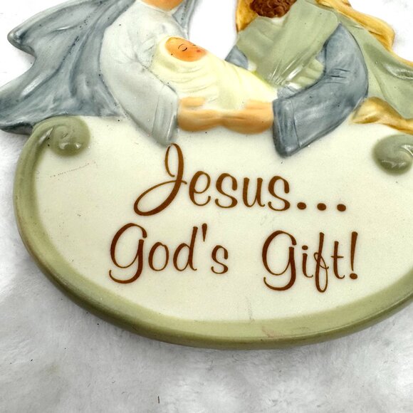 Vtg Holy Family Nativity Scene 4.25" Ornament Jesus... God's Gift! Manger Cerami - Picture 3 of 7